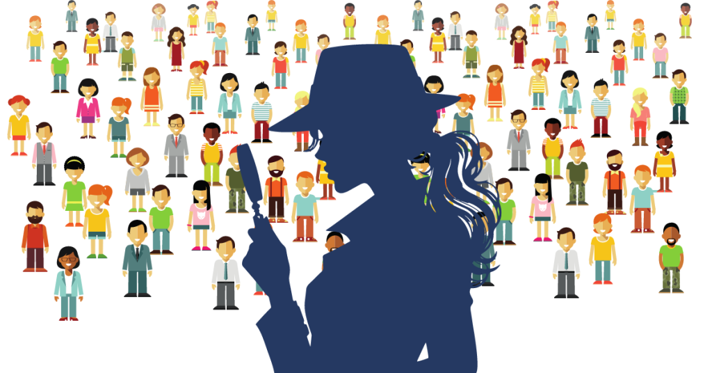 Graphic illustration of a silhouette of a woman holding a magnifying glass superimposed over a crowd of people