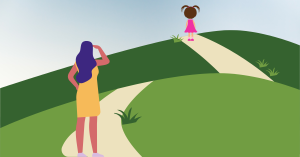Graphic illustration of woman looking away toward a child in the distance
